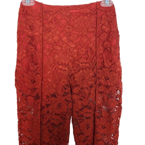 Bebe Womens 4 Red Floral Lace High Rise Sheer Wide Leg Trouser Pants Pockets - Picture 3 of 10